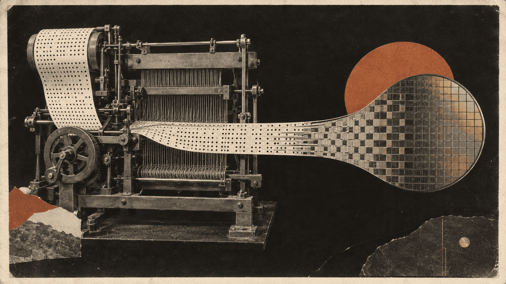 An archival mechanical loom transforming into the geometry of a silicon wafer