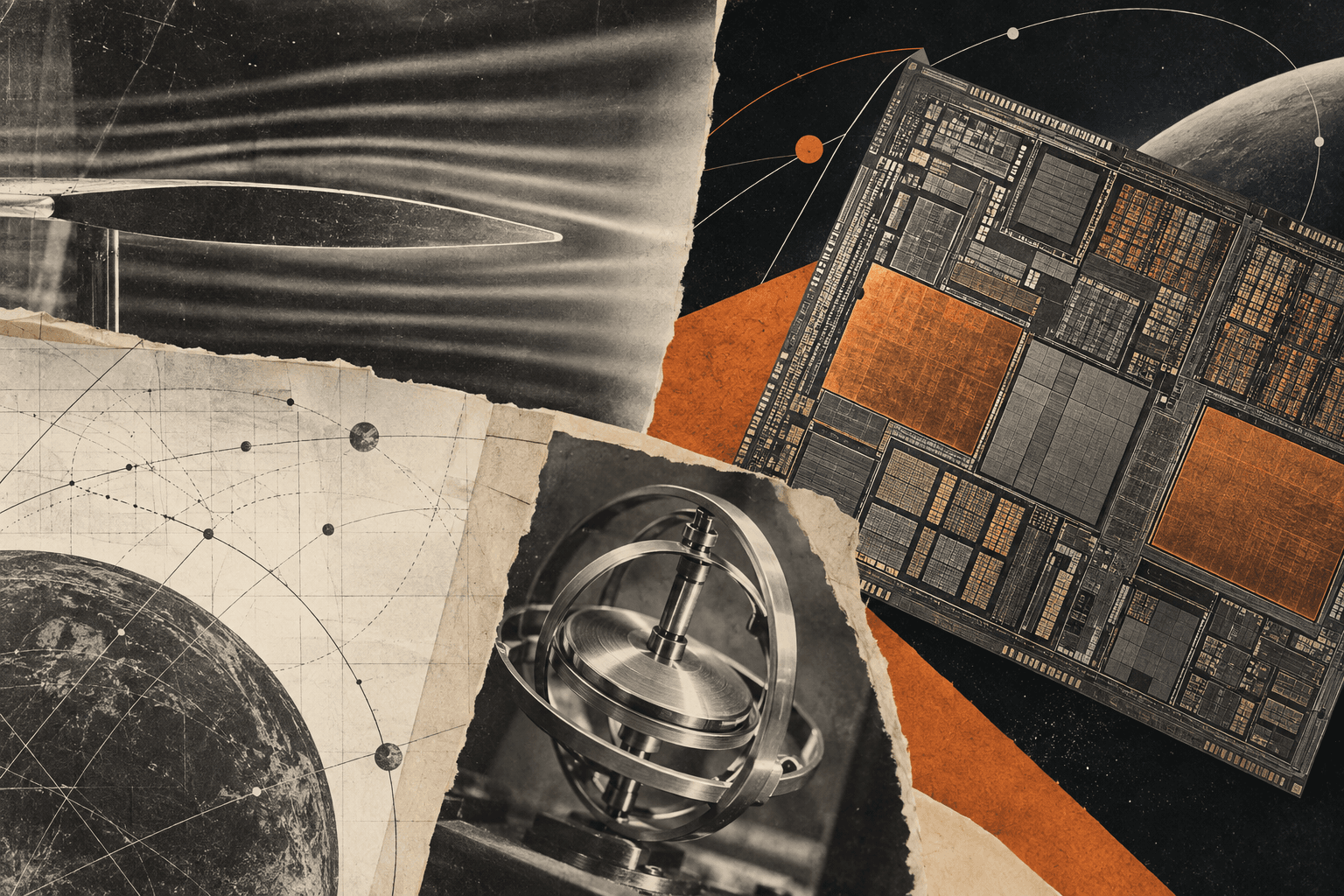 A wind-tunnel airfoil, gyroscope, orbital chart, and silicon die in an archival collage