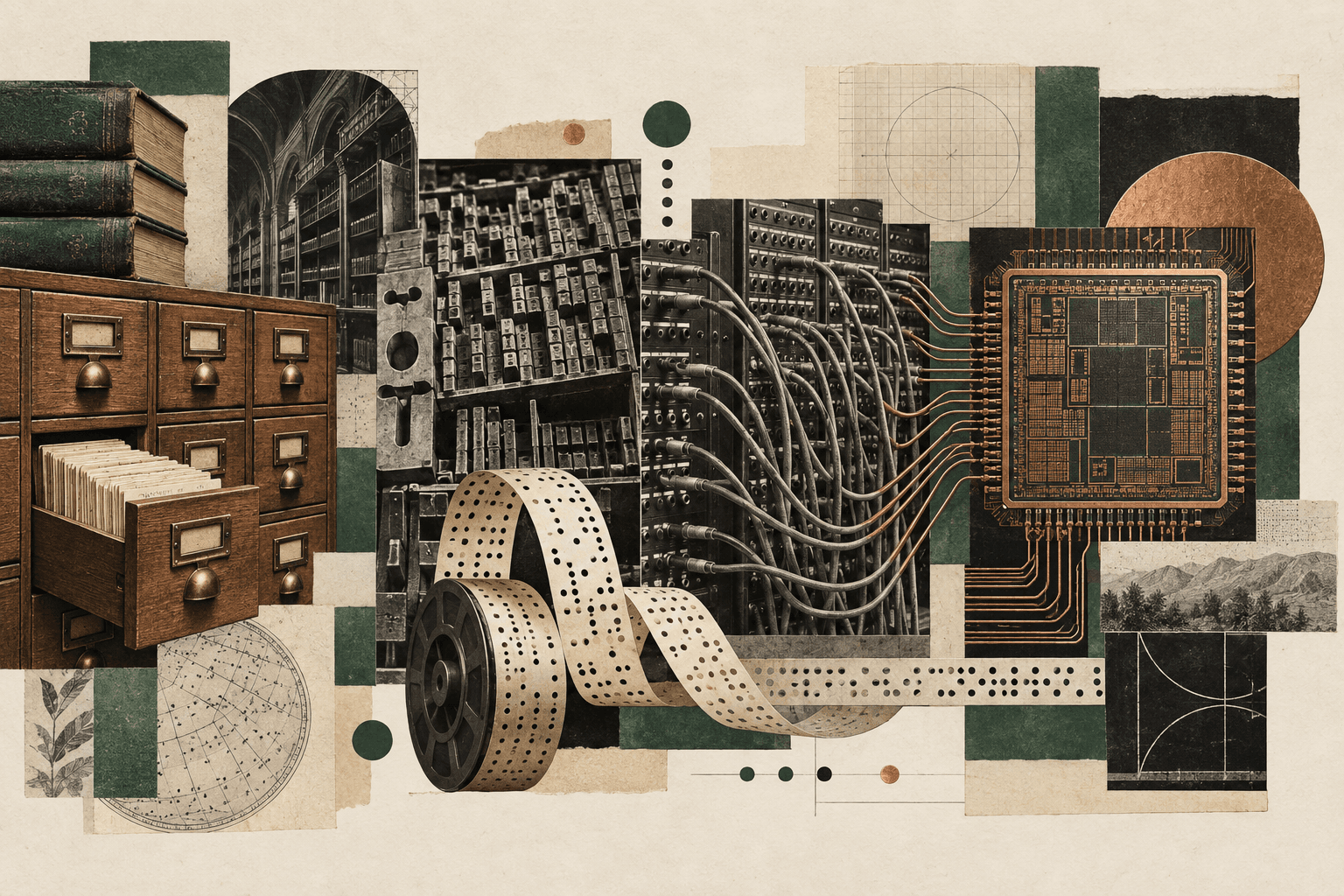 Library archives, punched tape, a telephone exchange, and a language-model accelerator